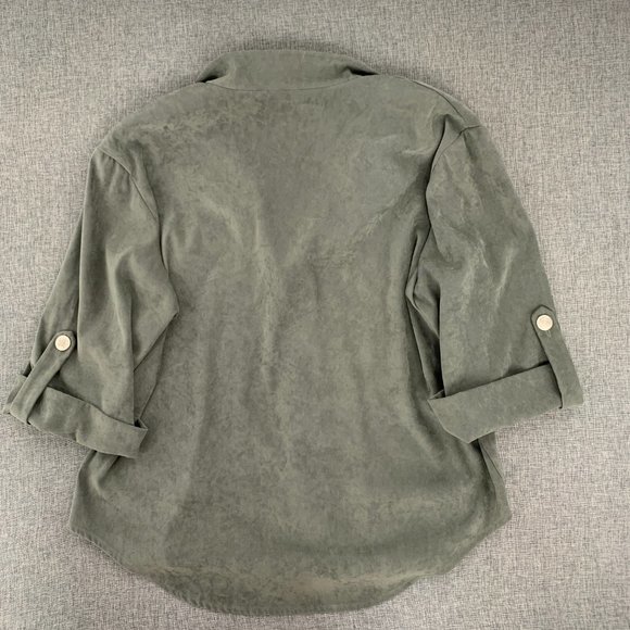 Vintage Leslie Fay Suede Button Down Blouse Green Sz 16WP Collared 3/4th Sleeves - Picture 11 of 13